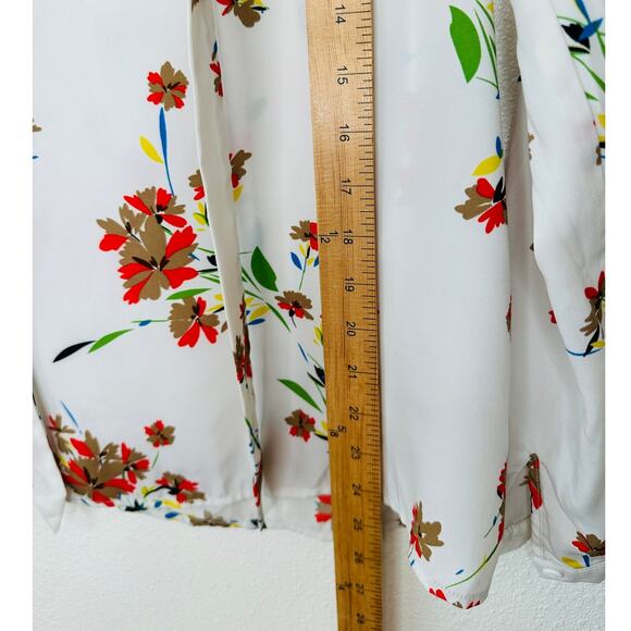 Off White Red Brown Blue Floral Long Sleeve Tie Neck Blouse Top L - Picture 10 of 11